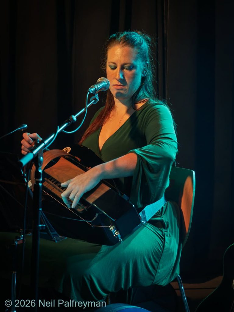 Woman with long hair in a green dress playing a hurdy gurdy with a microphone in front of her